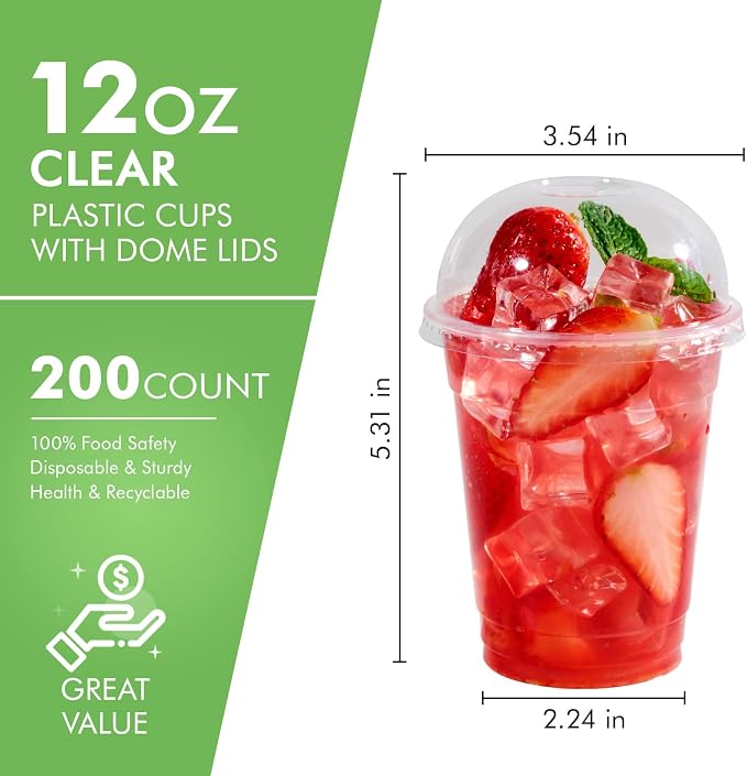 FOCUSLINE 200 PACK 12oz Clear Plastic Cups, Disposable Cold Drinking Cups, 12 Ounce Clear Cups with Dome Lids with Holes for Smoothie, Milkshake, Bubble Tea, Parfait
