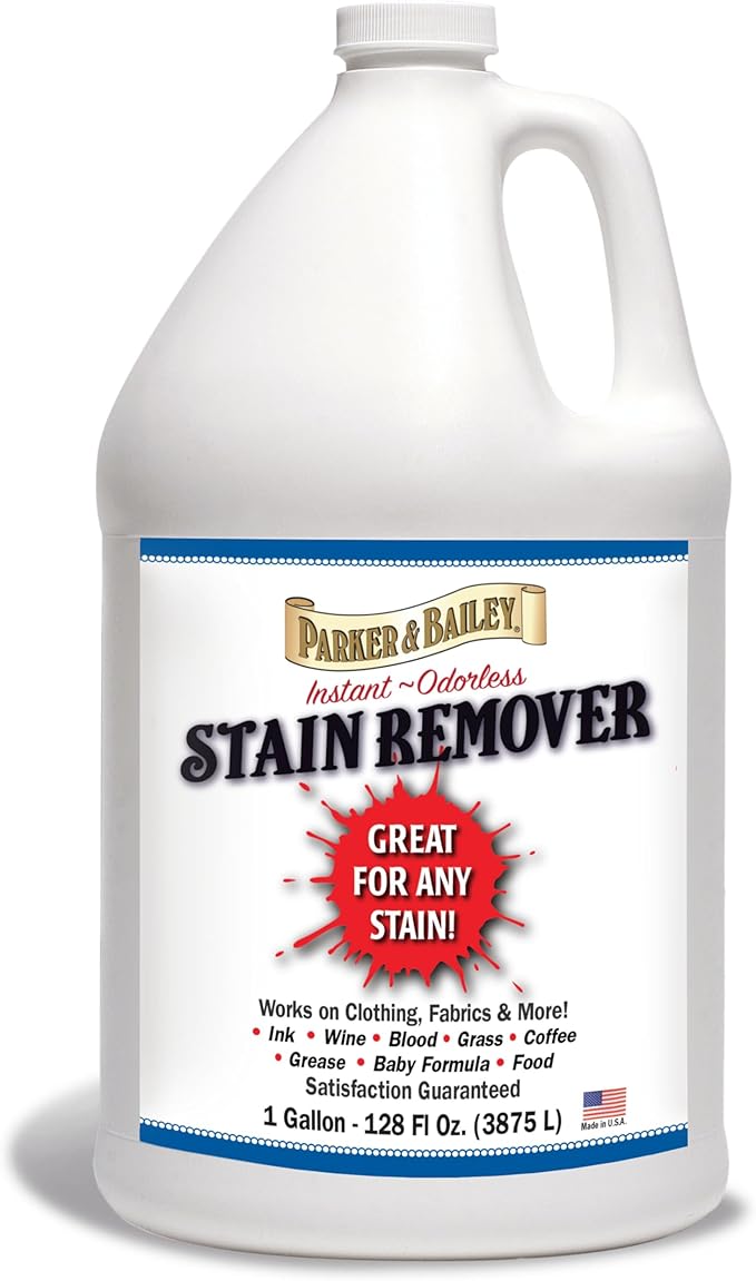 Parker & Bailey Liquid Stain Remover - Instant Stain Removal on Laundry Clothing Fabric Ink Grease Blood Grass Coffee Wine Food Carpet Upholstery Spot Cleaner Odor Free Detergent Booster - Gallon