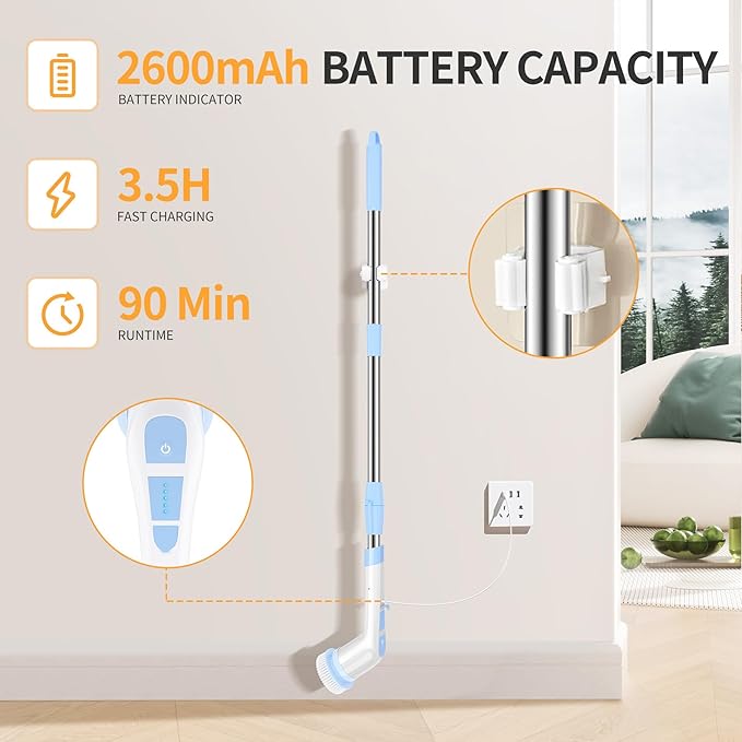 Electric Spin Scrubber Cordless Shower Scrubber with Long Handle, Cleaning Brush with 8 Replaceable Brush Heads, Electric Scrubber for Cleaning Bathroom Shower Floors Tub Tile