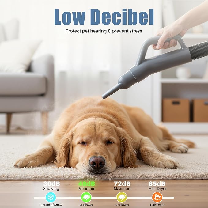 DUMOS Pet Grooming Blow Dryer, Low Noise Dog Hair Dryer with Adjustable Wind Speed & Heater Temperature, Cool-Warm-Hot Cycle Mode, 4 Nozzles, 6.5 FT Cord, Grey
