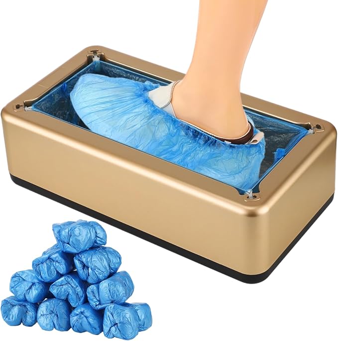 Automatic Shoe Cover Dispenser Machine, Including 100 Pcs Disposable Shoe Covers, Gold ABS Material, Suitable for Home, Laboratory, Factory & Indoor Use