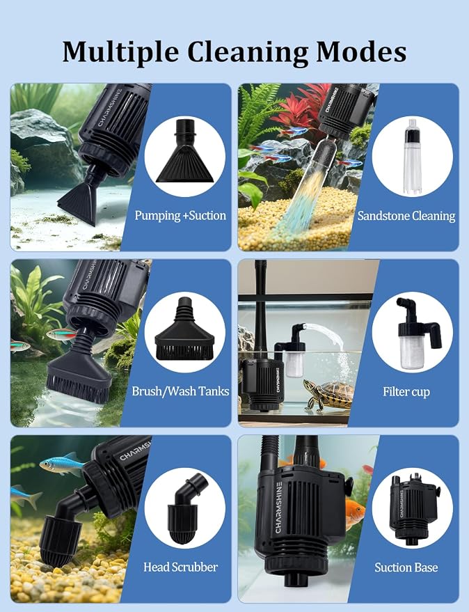 6in1 Electric Aquarium Gravel Cleaner and Submersible Water Pump 20W with 3 Nozzles
