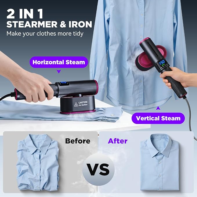 Travel Steamer for Clothes, 2-in-1 Steam Iron & Garment Steamer with Fast Heat-Up, 1200W Portable Handheld Clothes Steamer, Large Ceramic Heat Panel Quick Wrinkle Removal for Home/Travel/Hotel