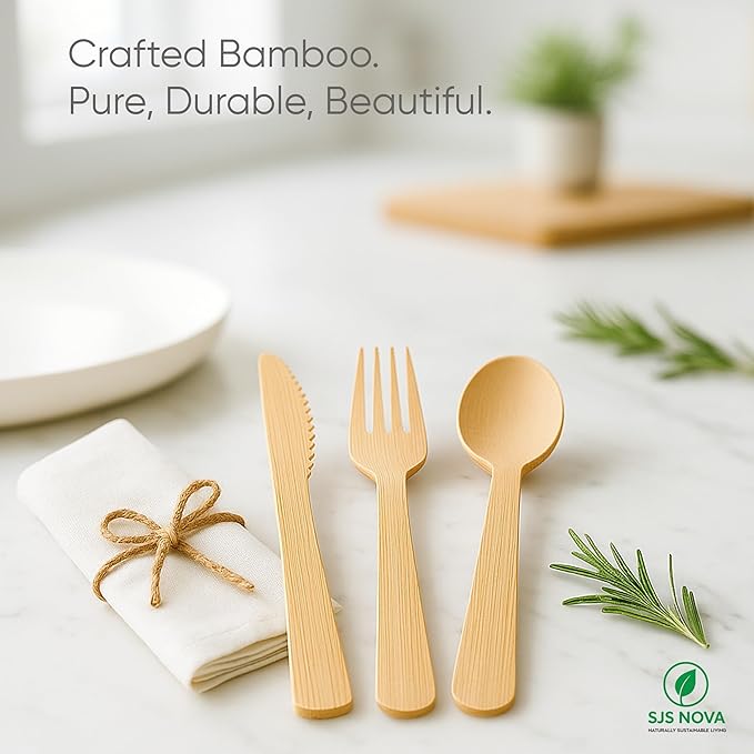 Premium Pre-Rolled Napkin and Bamboo Cutlery Set (60 Pack, 240 PCS) 100% Biodegradable, Eco-Friendly, Disposable Wrapped Cutlery-Includes Pre-Wrapped Bamboo Forks, Knives, Spoons, & Napkins