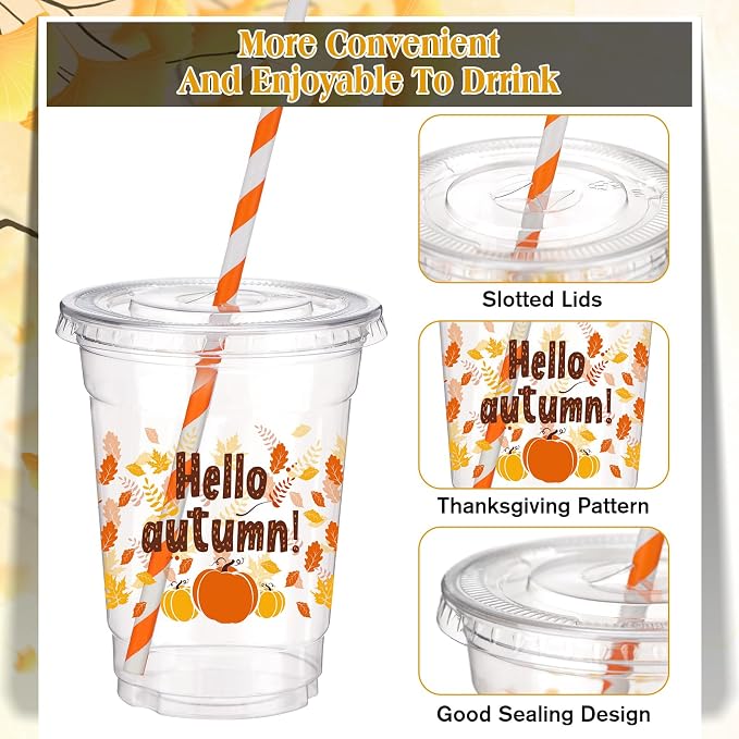 Yaomiao 300 Pcs 12 oz Thanksgiving Day Plastic Cups with Lids and Straw Fall Plastic Party Cups Thanksgiving Disposable Clear Tumbler Hello Party Turkey Pumpkin Drinking Tumbler Set for Autumn Supply