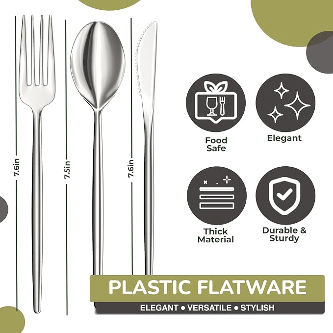 Trendables Disposable Silverware - 120 Pack Plastic Cutlery Set With Knives, Beautiful Silver Plastic Utensils