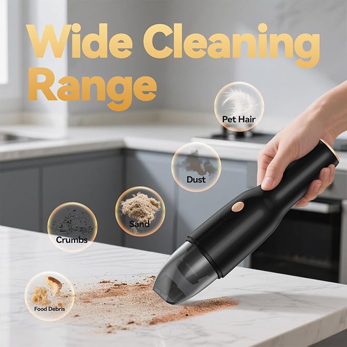 Handleld Vacuum Cordless -Car Vacuum Portable Rechargeble -Hand Held Small Vacuum Cleaner Car Seats, Home, Quick Cleanup, Strong Suction, Lightweight, Includes Crevice Nozzle & Brush -H3