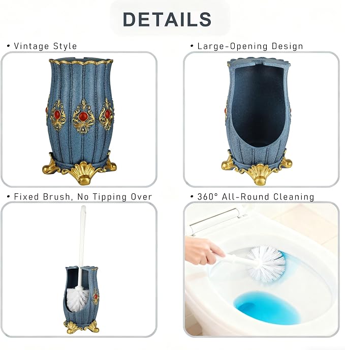 Vintage Toilet Brush Holder Set for Bathroom, Baroque Stylish Toilet Cleaning Brush and Holder with Wide-Mouth Storage Heavy Solid Base (Blue & Gold)