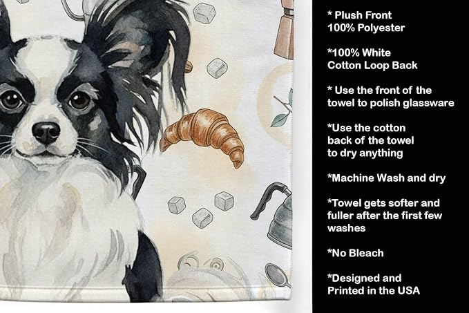 Caroline's Treasures Black and White Papillon Coffee Bar Kitchen Towel Velour Plush Front and Cotton Loop Back Machine Washable