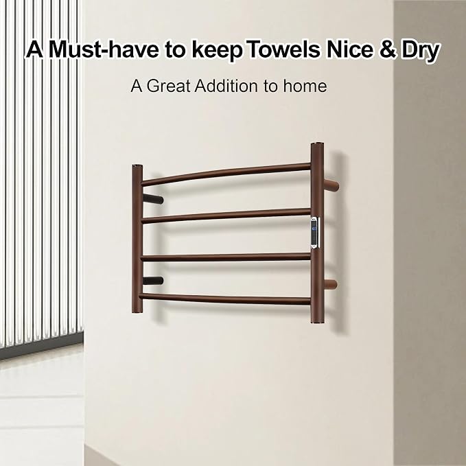 Towel Warmer with Built-in Timer Bathroom Wall Mounted Bath Towel Heater Plug-in Electric Heated Towel Rack Stainless Steel Curved Round Oil Rubbed Drying Rack 16.54x23.62x5.51 inches ORB