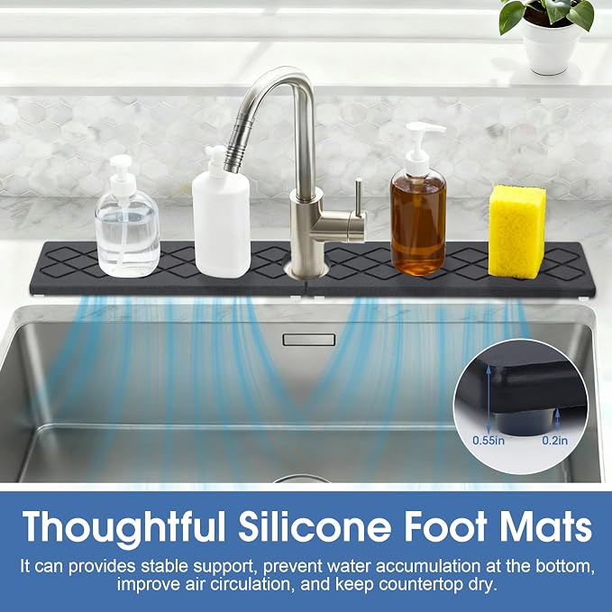 Stone Faucet Mat for Kitchen Sink, Quick-Dry Non-Slip Drying Tray, Diatomite Drying Stone Mat Sink Protectors, Prevent Moisture for Kitchen Bathroom Counter, Matte black, 23.6" x 4"