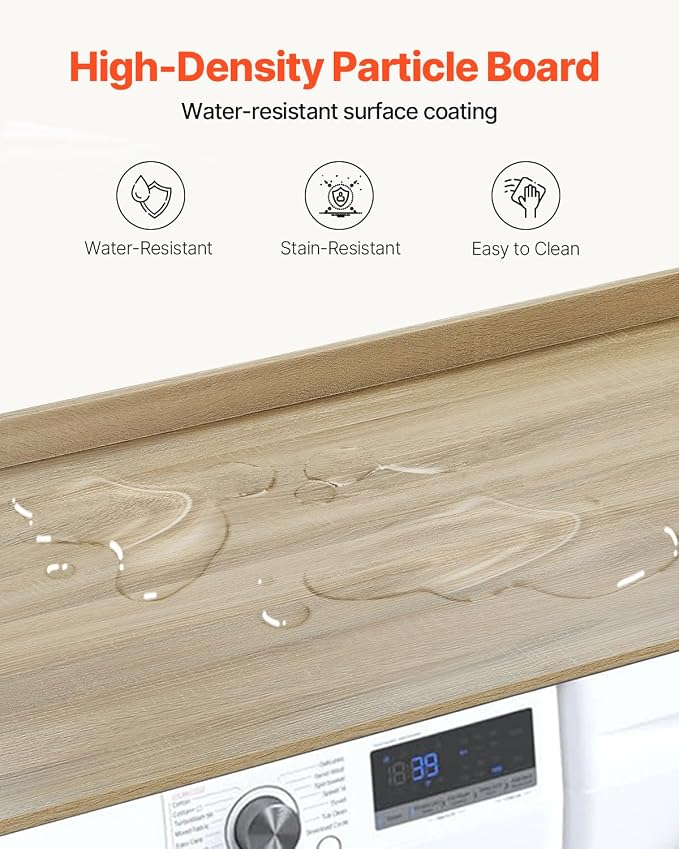 VEVOR Washer Dryer Countertop, 54" x 27" Wooden Washer and Dryer Countertop, Water-Resistant Laundry Machine Topper Cover with Anti-Slip Pads, for Laundry Room Organization and Storage, Oak