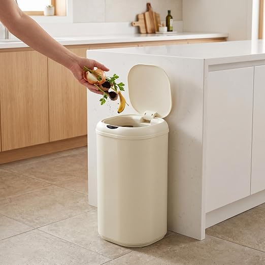 GarveeTech 8 Gallon Automatic Trash Can for Kitchen, Touchless Motion Sensor Garbage Can with Lid, Fingerprint-Proof Stainless Steel Smart Waste Bin for Office, Bathroom & Home, 30L, Beige