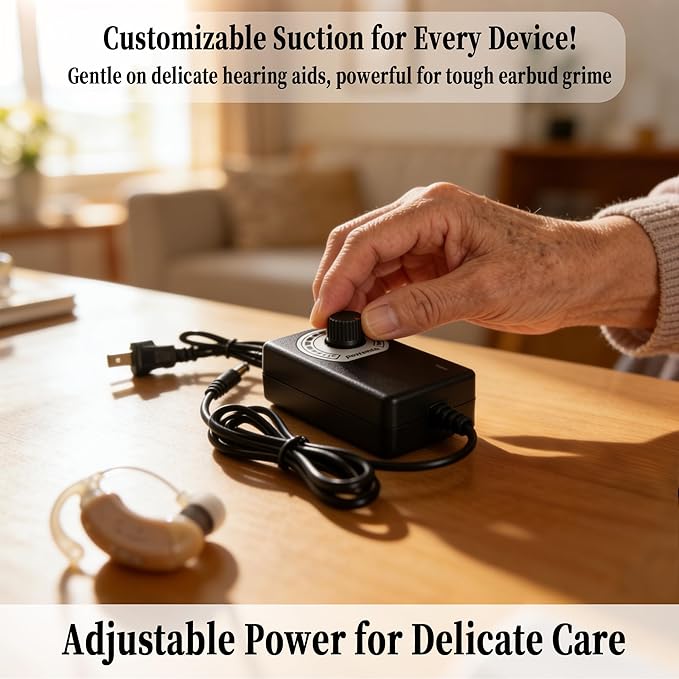 Hearing Aid Vacuum Cleaner with Adjustable Suction - Quiet Cleaning Kit for Hearing Aids, Earbuds & IEMs, Includes 3 Washable Filters, Brushes & Cleaning Needle