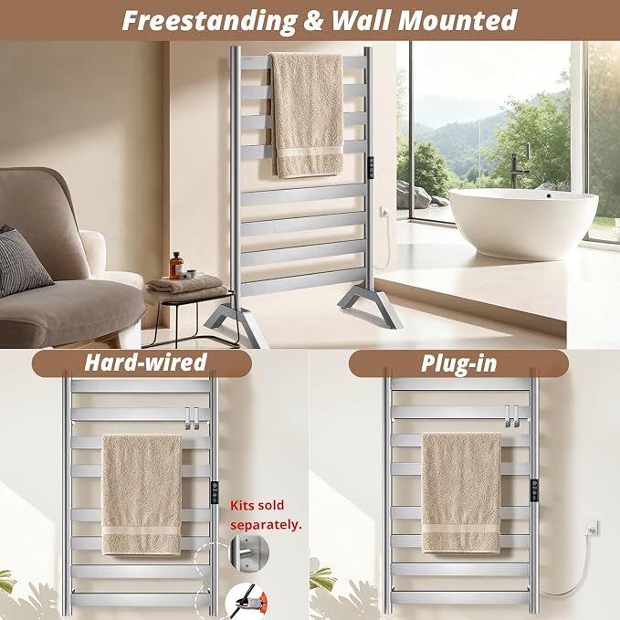 Heated Towel Racks for Bathroom Freestanding & Wall Mounted, WiFi-enable Electric Towel Warmer Rack, Extra-Wide Heating Area Fast Heating with Timer & Temperature Control, 8 Bars, Nickel Silver