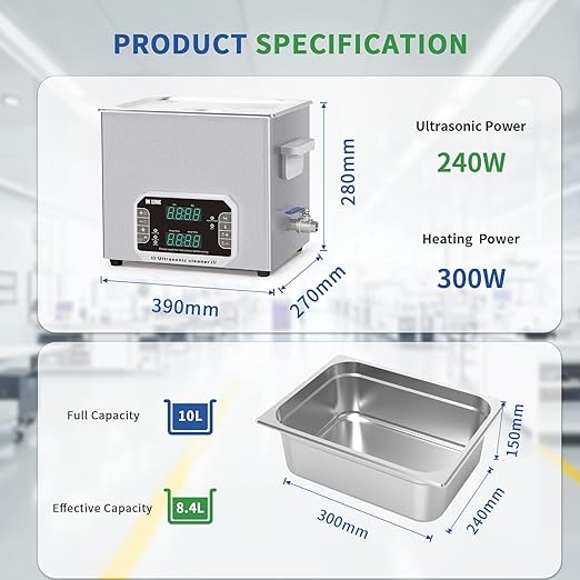 DK SONIC Professional Ultrasonic Cleaner 10L, 240W Heavy-Duty Sonic Cleaner with Timer,Heater&Touch Control, Multi-Application for Motorcycle Engines, Carburetors, Chains (Include Basket)