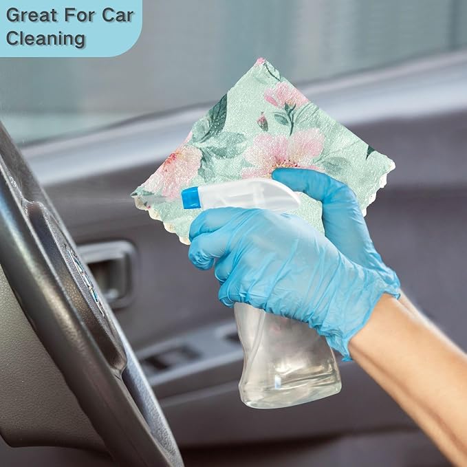 Mint Green Peony Flower Kitchen Towels Dish Cloths Set of 6 Microfiber Cleaning Cloths for Cars Super Absorbent Machine