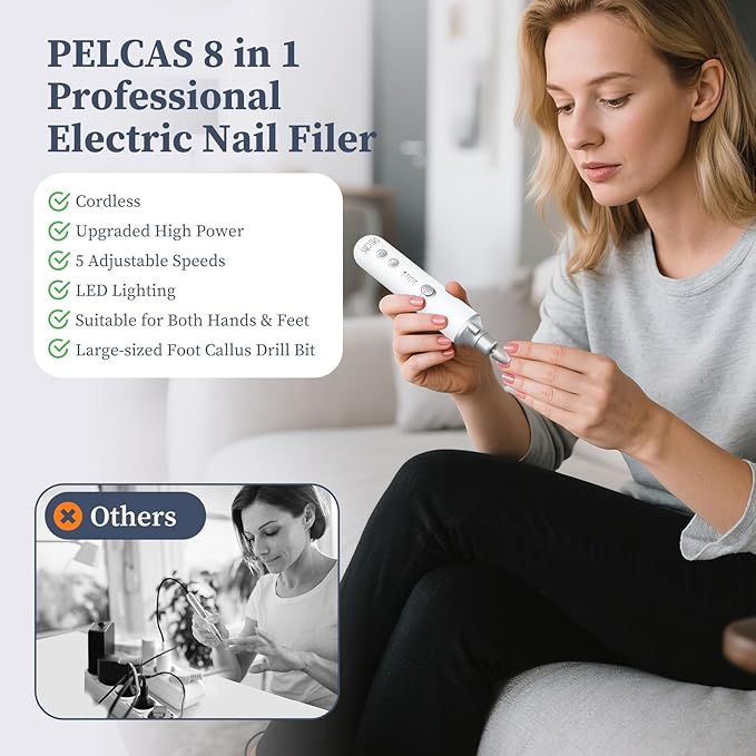 PELCAS 8 in 1 Electric Nail Filer with LED Light, Cordless Nail Drill, 5 Speeds Toenail Grinder for Thick Toenails, Manicure & Pedicure Kit for Foot Callus, Toenail, Thick Nails, Finger Nails Silver