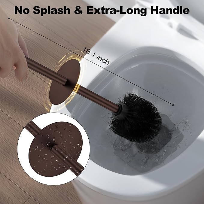 Bronze Toilet Brush and Holder Set，Stainless Steel Heavy Duty Toilet Bowl Brush，Extra Long Handled Modern Toilet Cleaner Brush with Replaceable Head, Removable Inner Bowl, and Splash Protection