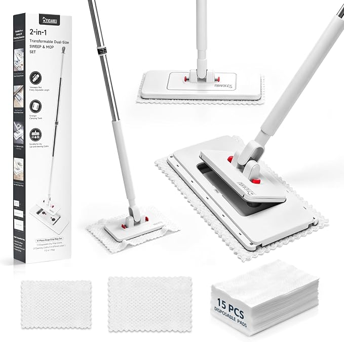 2-in-1 Dual Size Hands Free Flat Mop, Snap Grip Mini & Large Mop Compatible with Swiffer Pads, 15 Dry Pads and Reusable Cloths, Lazy Mops for Hardwood, Tile, Walls & Tight Spaces Cleaning