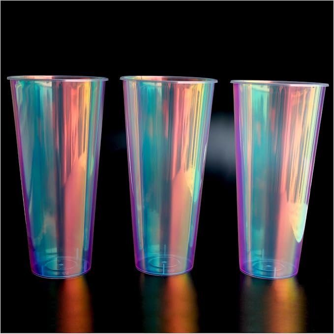 18 Pcs Iridescent Clear Plastic Cups 23oz Fancy Thick Neon Disposable Drinking Cups Cute Glitter Holographic Hard Plastic Cup for Party Decoration (Clear)