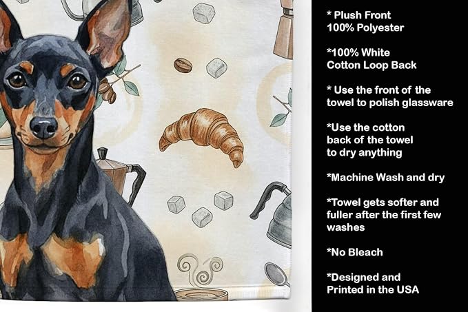 Caroline's Treasures Black and Tan Miniature Pinscher Coffee Bar Kitchen Towel Velour Plush Front and Cotton Loop Back Machine Washable