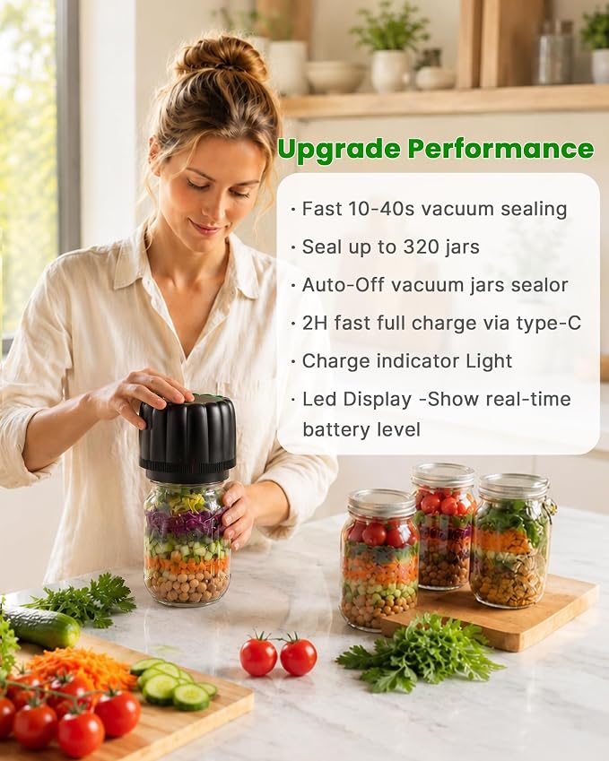 Electric Mason Jar Vacuum Sealer - Bunyta NEW Canning Vacuum Sealer Kit for Wide & Regular Mouth Mason Jars with 10 Lids, Auto-Stop Cordless Jar Sealer for Food Storage, Kitchen, Camping