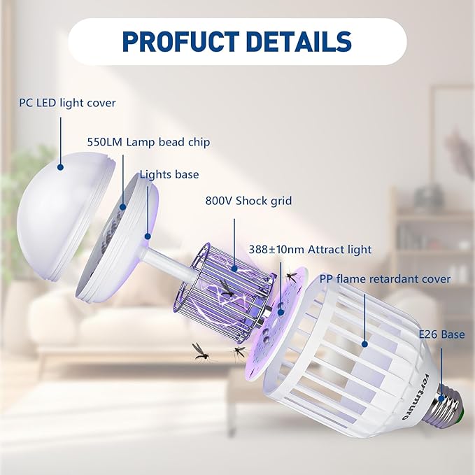 Bug Zapper Light Bulb, 2-in-1 Indoor Electric Mosquito Killer Lamp with UV LED Light, Fly Insects Trap for Home Entryway Balcony Patio(1 Pack)