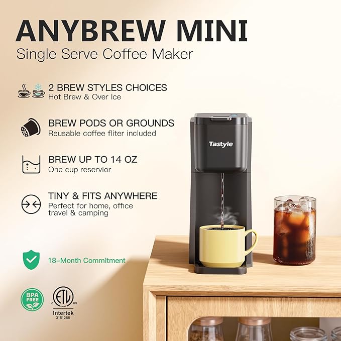 Tastyle Mini Hot and Iced Coffee Maker with 30 Descaler Cleaner Tablets, Single Serve Coffee Maker for K Cup and Grounds, 6 to 14 Oz Brew Sizes