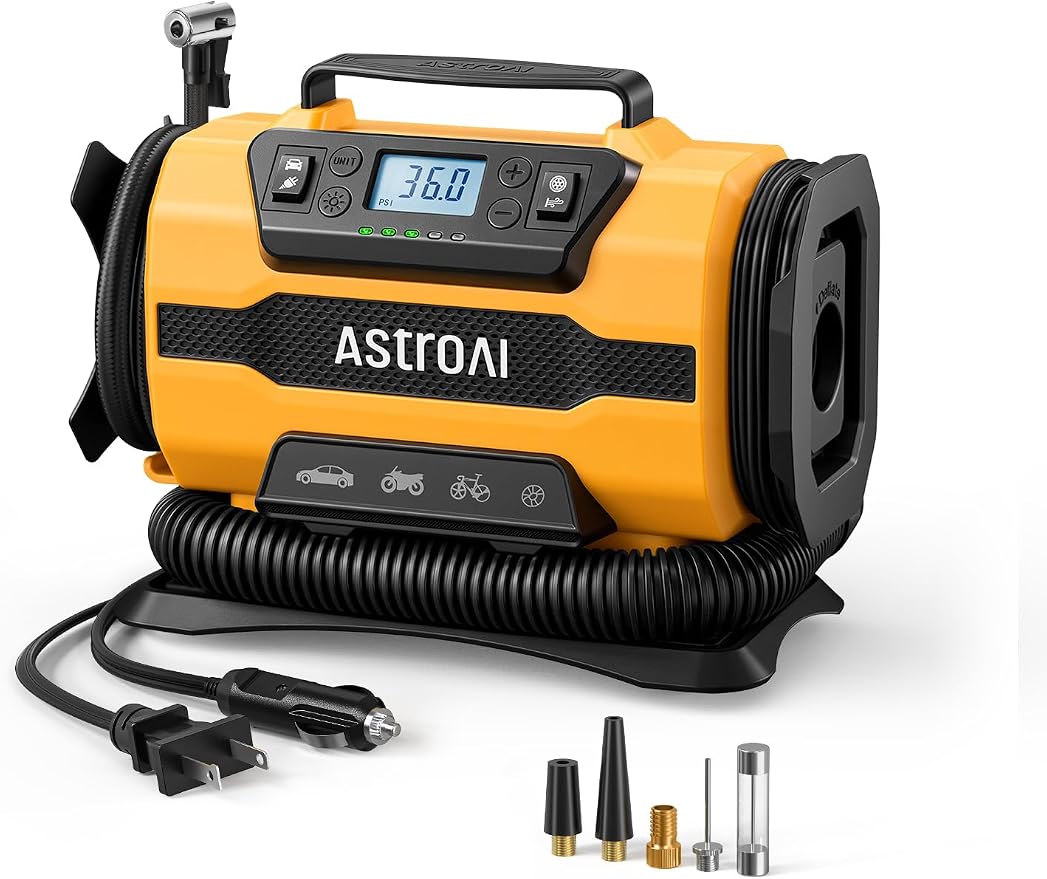AstroAI Tire Inflator Portable Air Compressor, 150PSI 12V DC/110V AC Air Pump with Dual Metal Motors & LED Light, Two Modes for Car Tires, Bikes, Air Mattresses & Home Use, Compact Design, Yellow