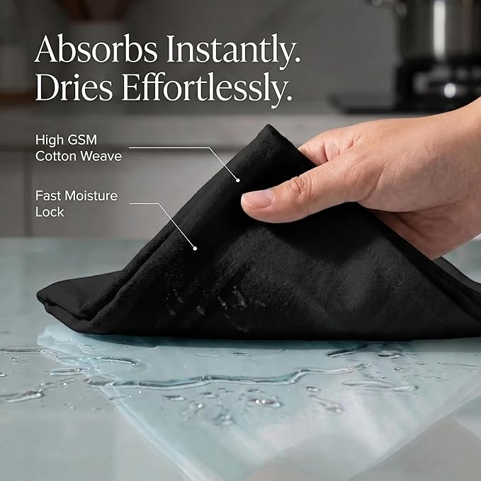 Urban Villa Kitchen Towels 100% Cotton Dish Towels for Kitchen(Set of 6) 20”x30” Dish Cloths Highly Absorbent Kitchen Linen Set with Hanging Loop Perfect for Drying Dishes Cleaning Hand Towels – Black