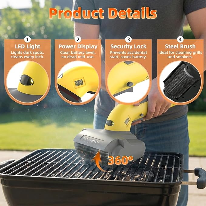 Electric Grill Brush with LED Light,3-in-1 Replaceable Brush Heads, 1200 RPM Speed, Cordless & Type-C Rechargeable Grill Cleaning Tool for Outdoor BBQ(Yellow-Gray)