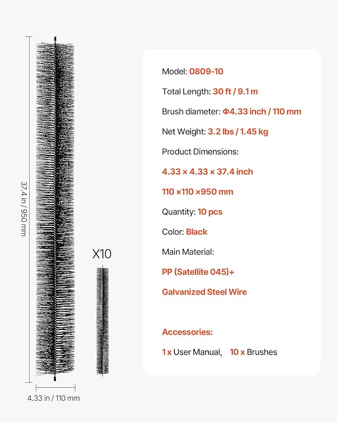 VEVOR Gutter Brush, 4.33 inch Diameter 30 Feet Total Length Gutter Cleaning Tools, Ground-Level Brush Leaf Guard for 5 Inch Gutters, Easily Clear Roof Leaves and Debris, 10 Pack