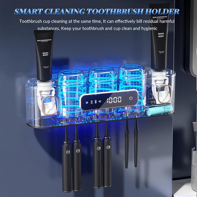 Bathroom Toothbrush Holders and 2 Toothpaste Dispenser with Smart Drying and Cleaning, Wall Mounted Toothbrush Organizer for Electric/Manual Toothbrushes with 3 Cups 6 Slots (Gray)