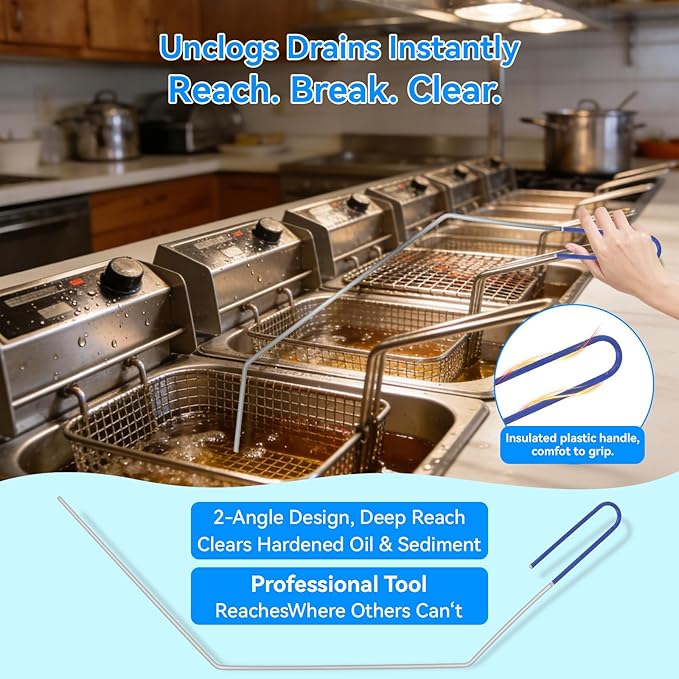 4-Piece Professional Deep Fryer Cleaning Kit - Commercial Stainless Steel Set with Dual-Layer Basket Brush, 3-in-1 Grill Scraper, L-Shape Brush & Drain Wand