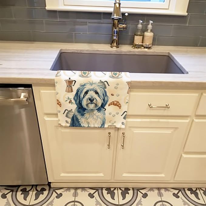 Caroline's Treasures Blue and White Old English Sheepdog Coffee Bar Kitchen Towel Velour Plush Front and Cotton Loop Back Machine Washable