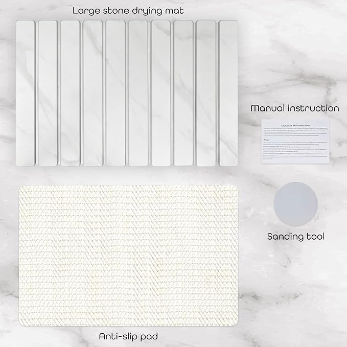 LStone Dish Drying Mat 24" x 16" – Dish Drying Stone – Large Diatomaceous Earth Drying Mat with Non-Slip Base – Quick Dry Kitchen & Bathroom Drying Pad for Dishes, Glassware & Bottles (Marbled White)
