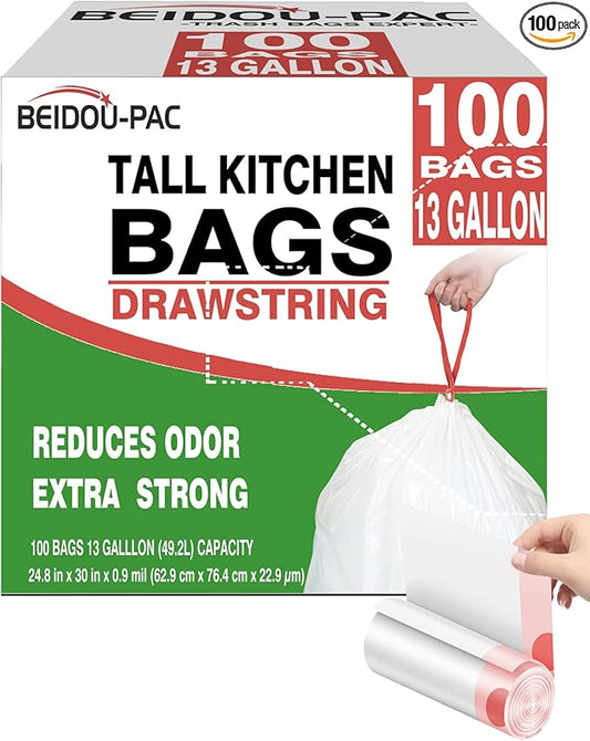 BEIDOU-PAC Trash Bags 13 Gallon Drawstring, 100 Count, Multifold Roll Garbage Bags, Tall Kitchen Trash Bag, Odorless & Extra strength White Plastic Food Scrap Bag for Home Office Bathroom Kitchen Bins