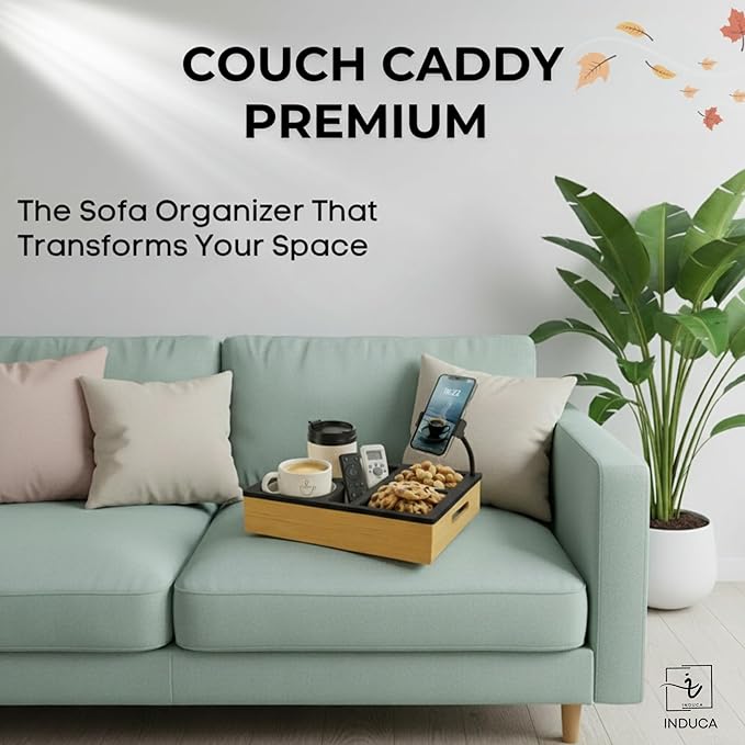 Couch Caddy with Cup Holder | Wood Couch Cup Holder Tray for Drinks, Snacks & Remotes | Couch Tray for Bed, Car Seat & Beach Organizer (Black)
