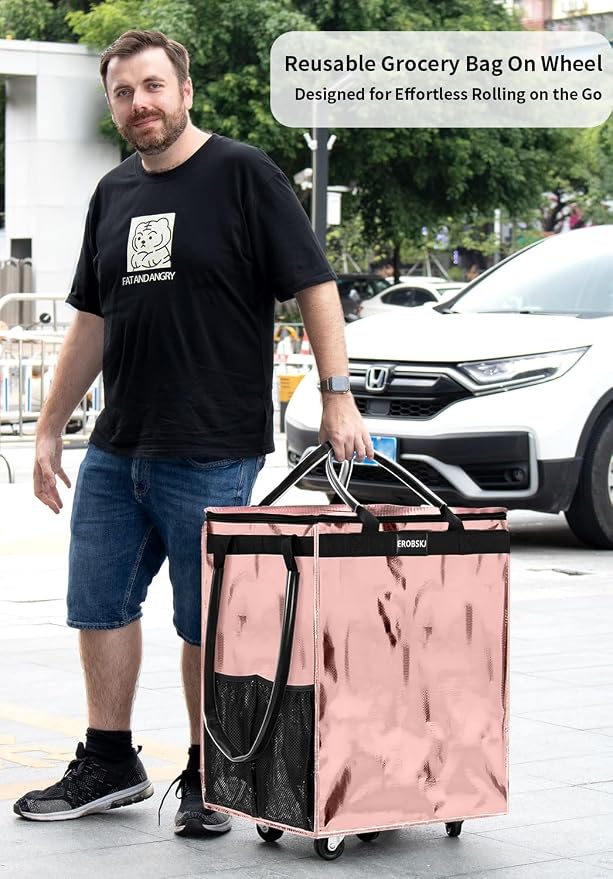 (Large,Rose Gold) Reusable Grocery Bag on Wheels, Foldable Rolling Tote, 90L Shopping Trolley, Zipper Clouser Shopping Carts for Groceries Laundry,Storage,Moving, 5 Heavy Duty Wheels