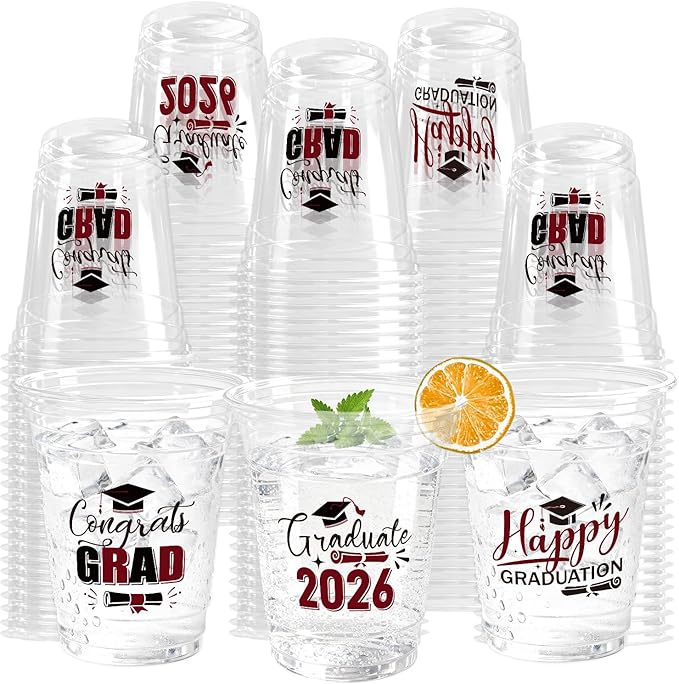 100 Pack Graduation Plastic Cups 12 oz Red Disposable Class of 2026 Decorations Graduation Party Favor Drinking Beverage Cup for Party Supplies Decorations