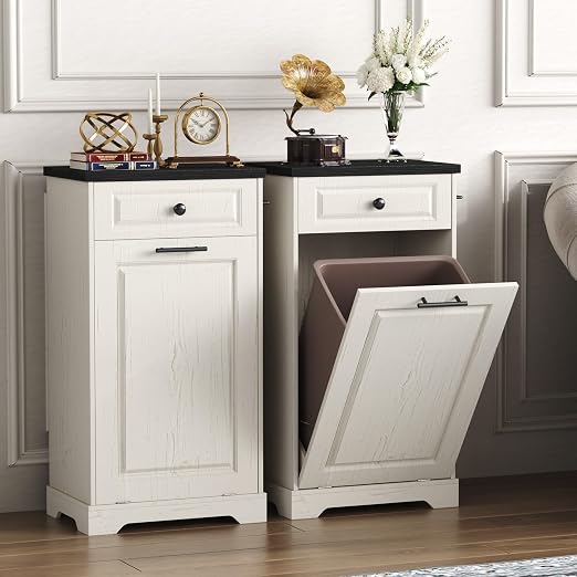 Function Home Trash Can Cabinet, 13 Gallon Tilt Out Trash Cabinet, Wooden Kitchen Garbage Can with Hideaway Drawer, Pet Proof Trash Can Holder for Kitchen Living Room, Antique White with Black Top