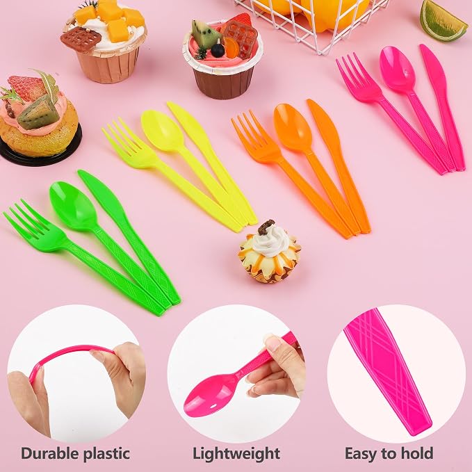 300 Pieces Neon Party Plastic Cutlery Set Colorful Disposable Silverware Sets Included 100 Neon Party Forks 100 Spoons & 100 Knives for Neon Party Favors Birthday Party Supplies, 4 Colors