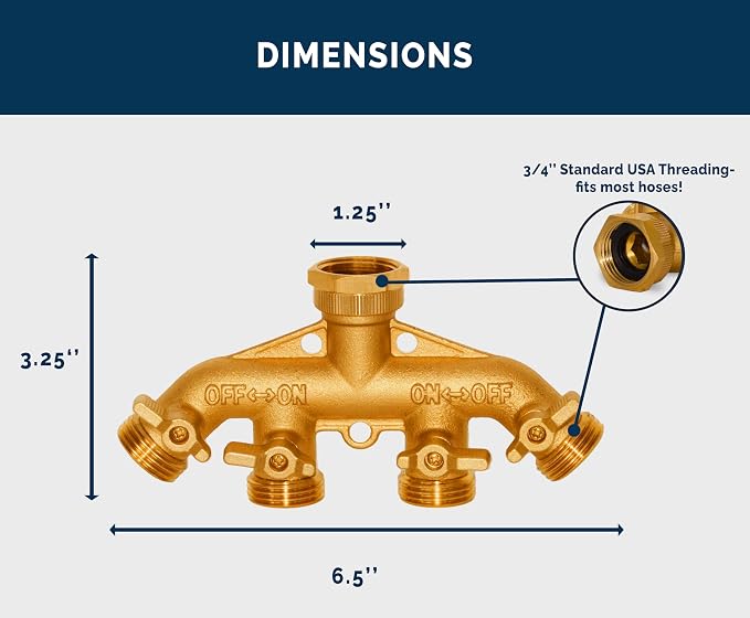 Morvat Brass 4 Way Garden Splitter with Shut Off Valves, Includes Extra Rubber Washers & Teflon Tape PLUS Water Hose Sprayer with 10 Spray Patterns -2-PACK- Thumb Controlled On/Off Lock