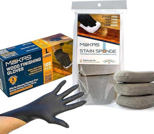 MāKRS Wood Finishing Bundle – 3-Pack Staining Pads & Large 6 Mil Nitrile Gloves – Lint-Free Applicator Pads and Latex-Free Disposable Gloves for Wood Stain, Paint, and Finish Projects