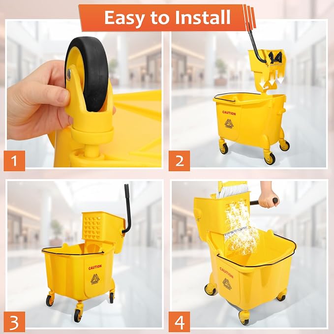 35 Qt Commercial Mop Bucket with Side Press Wringer on Wheels Set | Including 35 Quart Industrial Mop Bucket |1 Commercial Mop |1 Wet Floor Caution Sign | Yellow