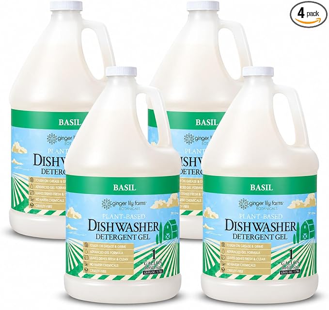 Ginger Lily Farms Plant-Based Dishwasher Detergent Gel, Basil Scent, 1 Gallon Refill (Pack of 4), Eco-Friendly, 100% Vegan & Cruelty-Free