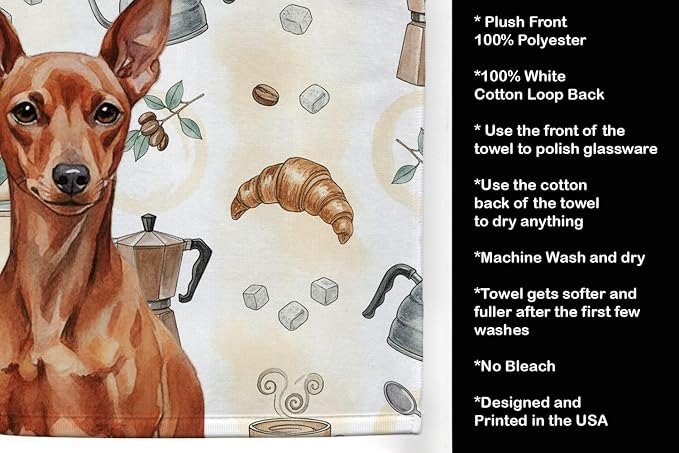 Caroline's Treasures Red Miniature Pinscher Min Pin Coffee Bar Kitchen Towel Velour Plush Front and Cotton Loop Back Machine Washable