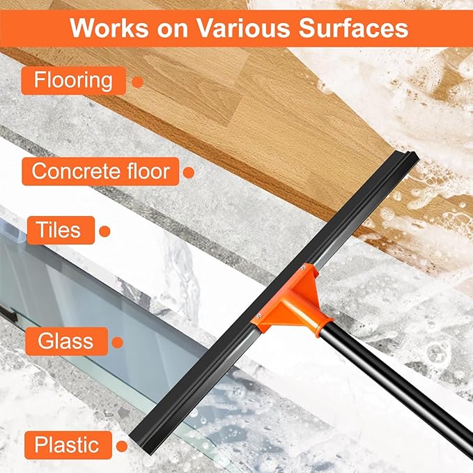Heavy Duty Floor Squeegee with Long Handle, 18" Rubber Wiper Broom for Concrete Tile Cleaning Commercial Scrubber Mop for Garage Deck Bathroom Kitchen Pool