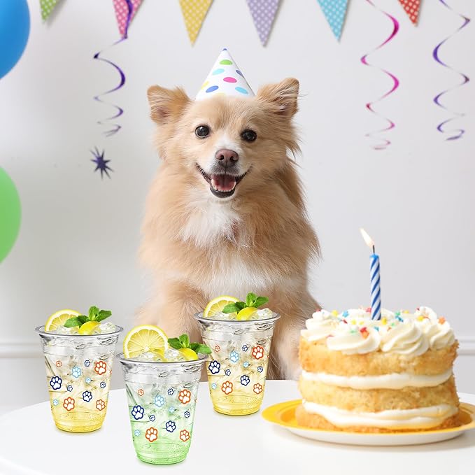 Uiifan 50 Pcs Blue Dog Paw Plastic Cups Paw Print Birthday Party Supplies 12 oz Disposable Plastic Puppy Cups Cartoon Blue Orange Party Decorations for Patter Hot Cold Drinking Ice Coffee